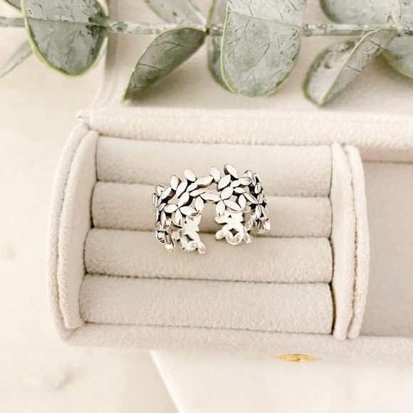 925 Sterling Silver Flower Ring Geometric Ring Leaf Ring Silver Chunky Ring - Picture 4 of 10